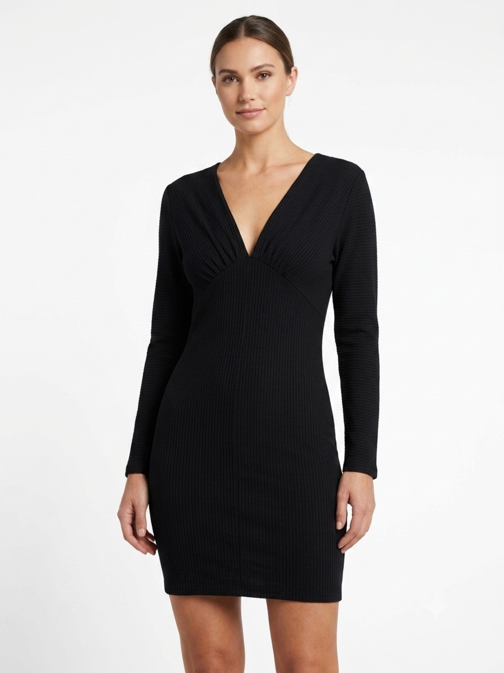 Revamped Ribbed Long Sleeve Black Mini Dress XL